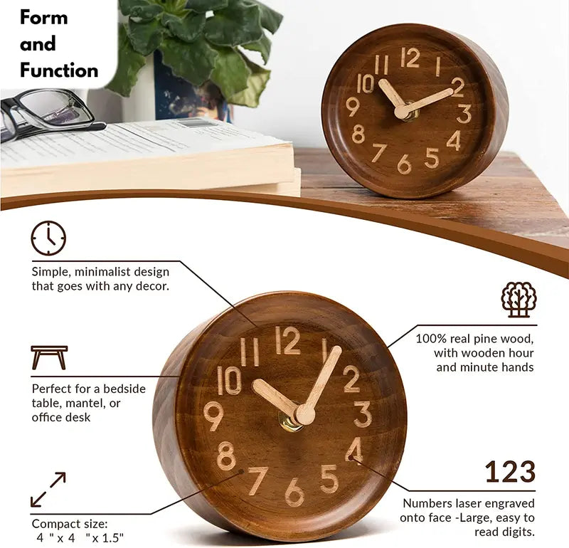 Pinewood Analogue Tabletop Clock - 3.9x1.5in