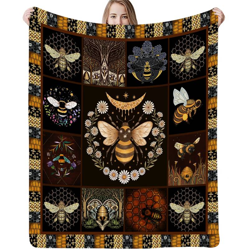 Vintage Bee Pattern Flannel Throw Blanket (1pc)