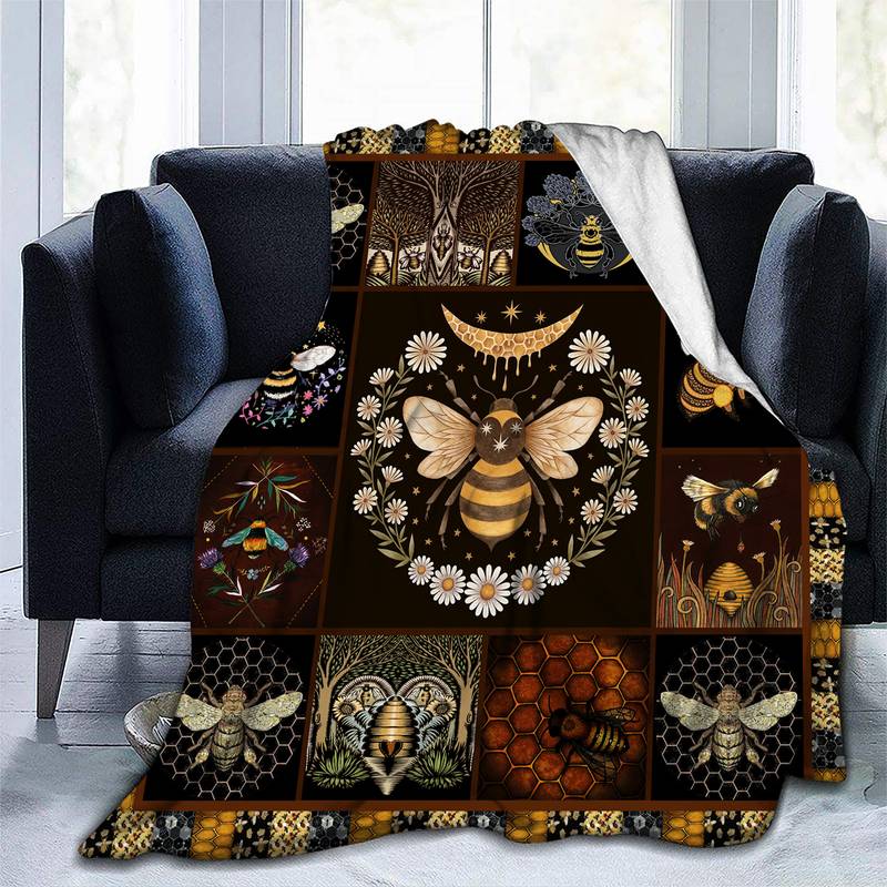 Vintage Bee Pattern Flannel Throw Blanket (1pc)